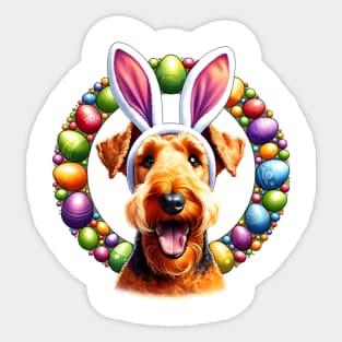 Irish Terrier Celebrates Easter with Bunny Ears and Colorful Eggs Sticker